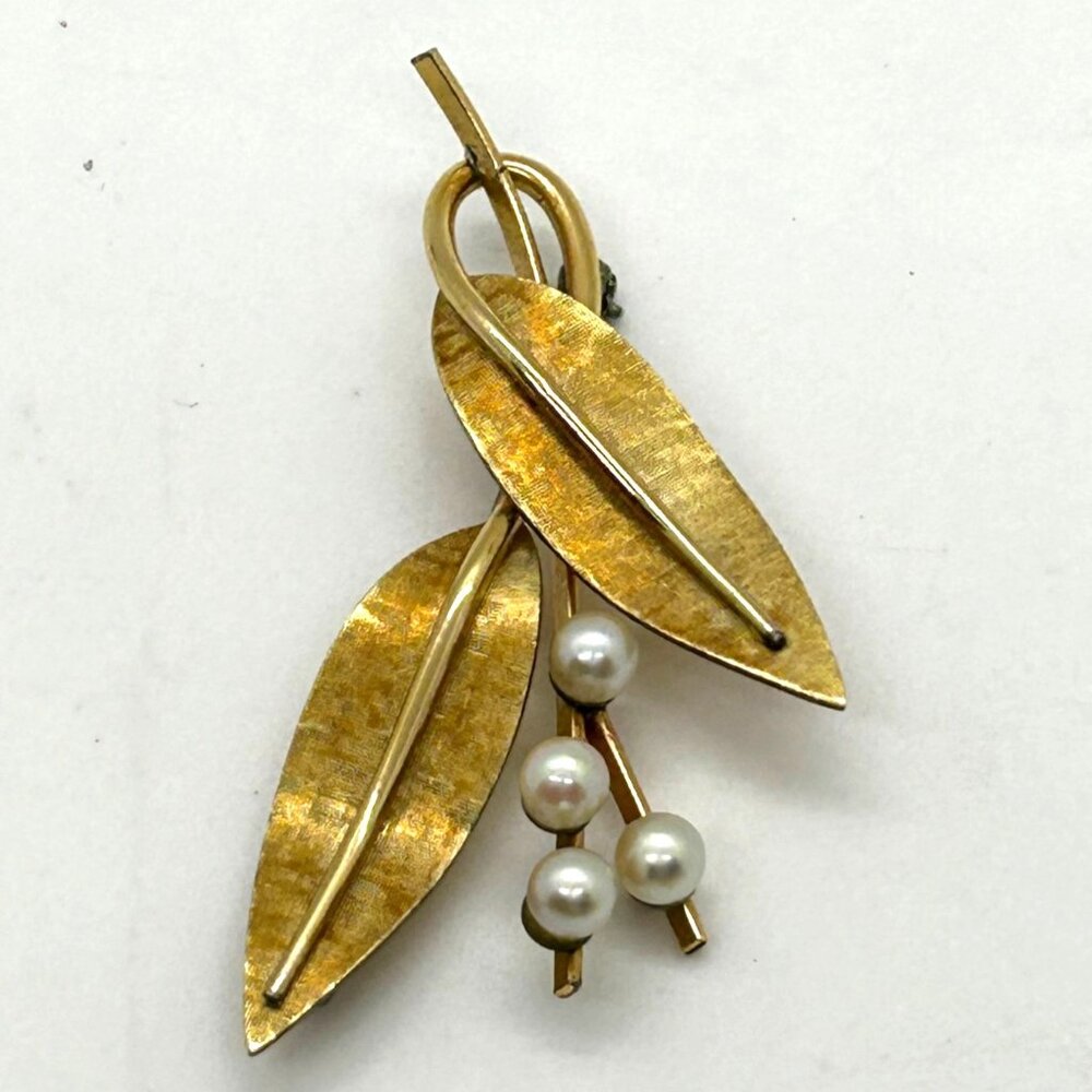 Vintage Krementz Brooch Pin Gold-Tone Leaf & Faux Pearl Floral 1.5 inch - Picture 6 of 16